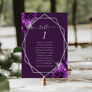 Purple Floral Silver Geometric Frame Wedding Table Number