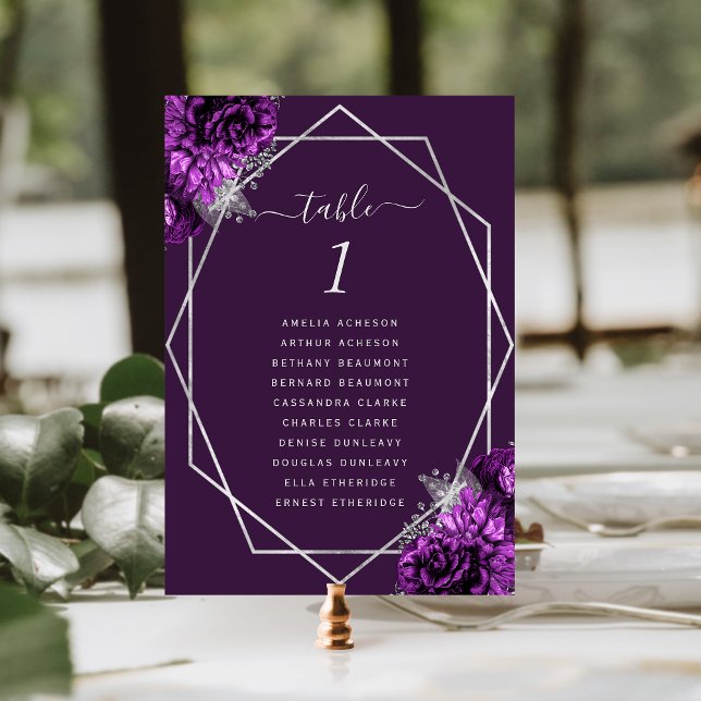 Purple Floral Silver Geometric Frame Wedding Table Number (Creator Uploaded)