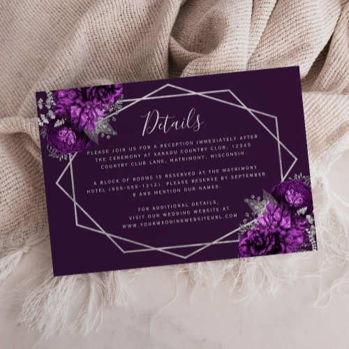 Purple Floral Silver Geometric Wedding Details Enclosure Card