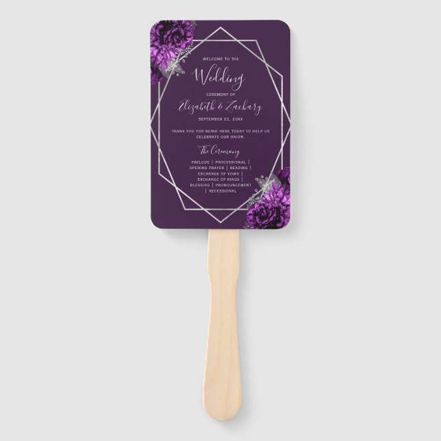 Purple Floral Silver Geometric Wedding Program Hand Fan (Front)