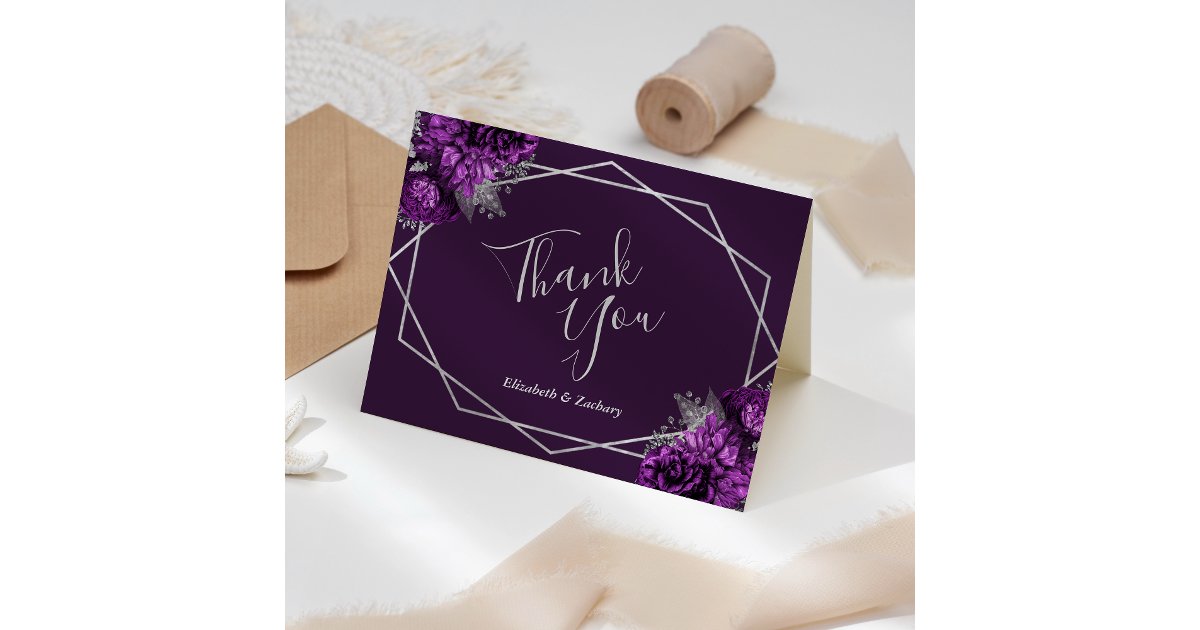 Purple Floral Silver Geometric Wedding Thank You Card | Zazzle