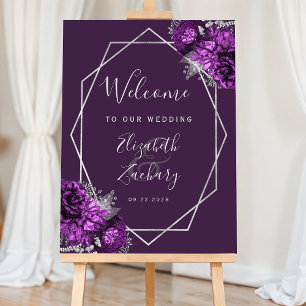 Purple Floral Silver Geometric Wedding Welcome Foam Board