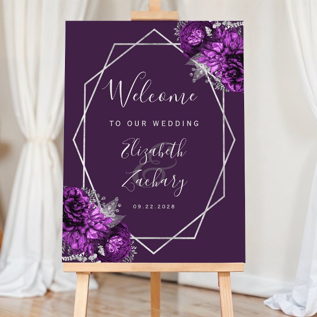 Purple Floral Silver Geometric Wedding Welcome Foam Board (Creator Uploaded)