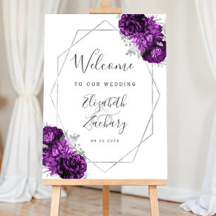 Purple Floral Silver Geometric Wedding Welcome Foam Board