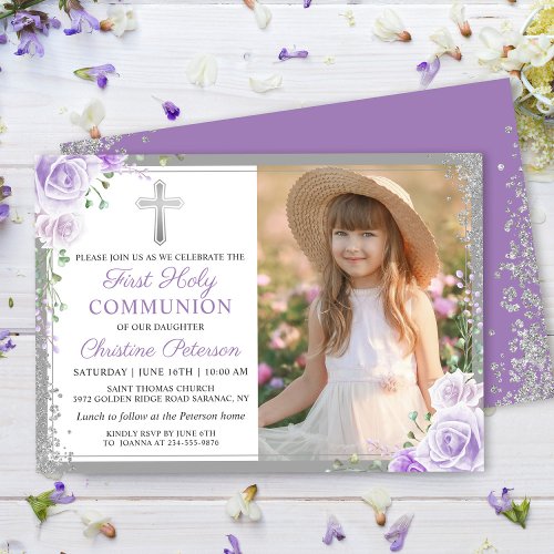 Purple Floral Silver Girl 1st Holy Communion Photo Invitation