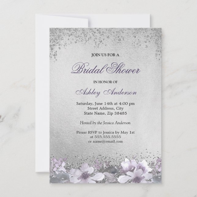 Purple Floral Silver Glitter Bridal Shower Invite (Front)