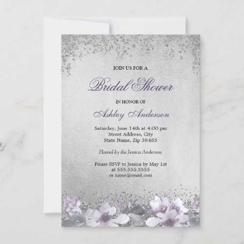 Purple Floral Silver Glitter Bridal Shower Invite