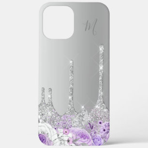 Purple floral silver glitter drips monogram iPhone 12 pro max case
