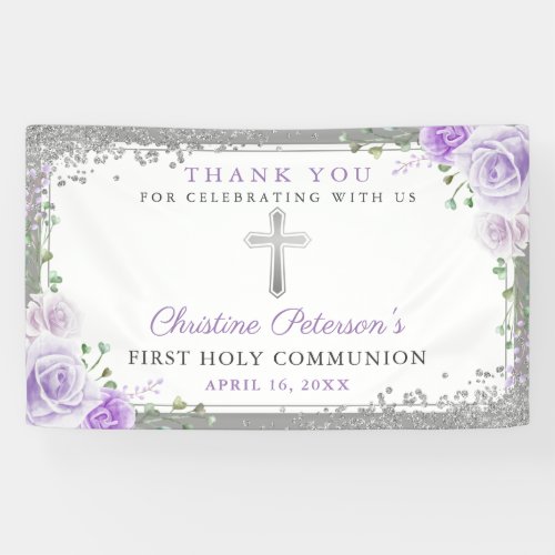 Purple Floral Silver Glitter First Holy Communion Banner