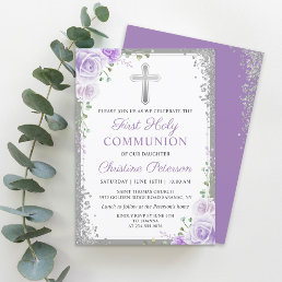 Purple Floral Silver Glitter First Holy Communion Invitation