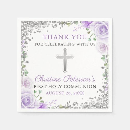 Purple Floral Silver Glitter First Holy Communion Napkins