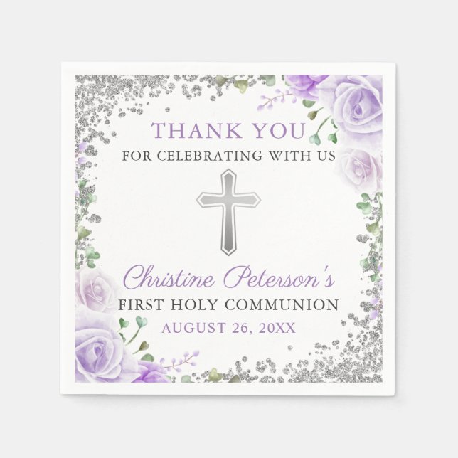 Purple Floral Silver Glitter First Holy Communion Napkins (Front)