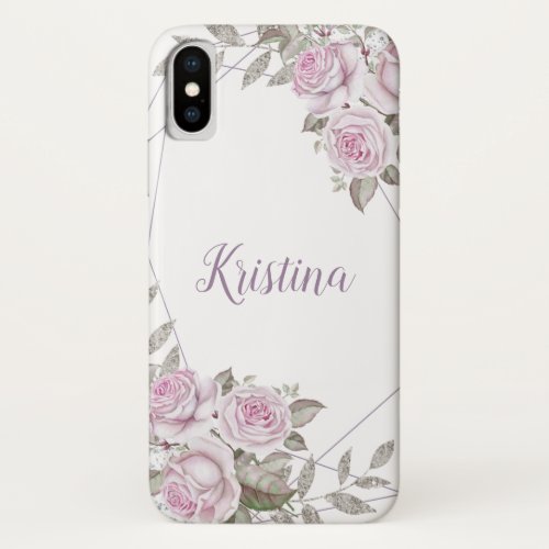 Purple Floral Silver Glitter Geometric Name iPhone X Case