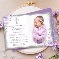 Purple Floral Silver Glitter Girl Baptism Photo