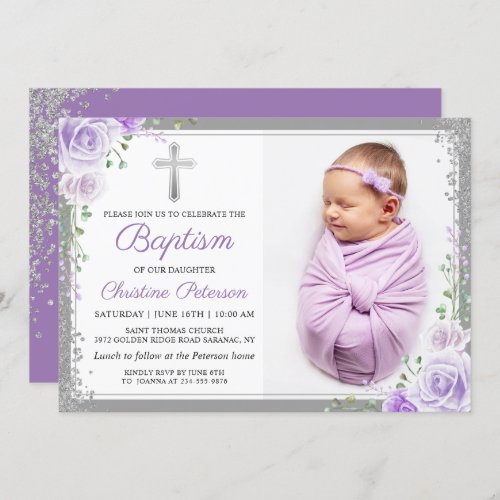 Purple Floral Silver Glitter Girl Baptism Photo Invitation