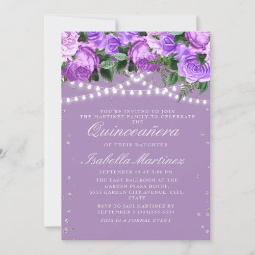 Purple Floral Silver Glitter Quinceaera Invitation