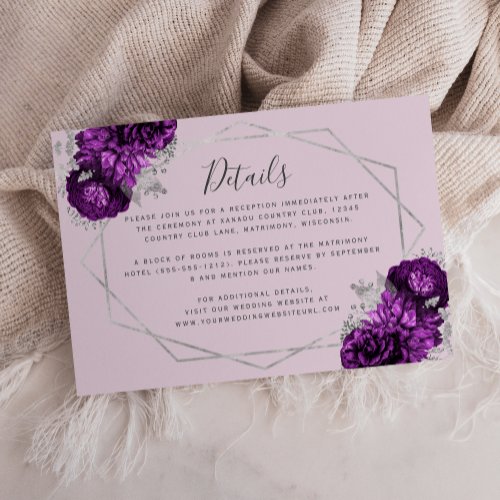 Purple Floral Silver Lavender Wedding Details Enclosure Card