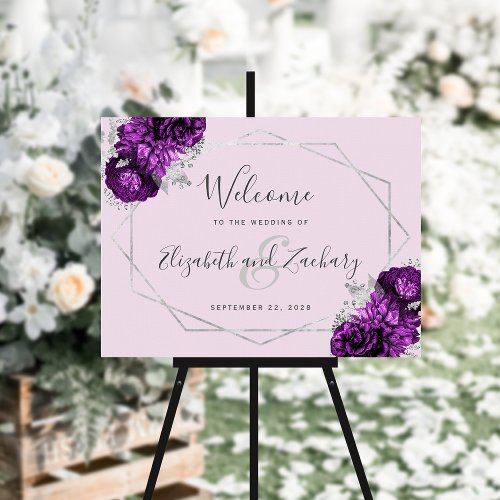 Purple Floral Silver Lilac Wedding Welcome Foam Board