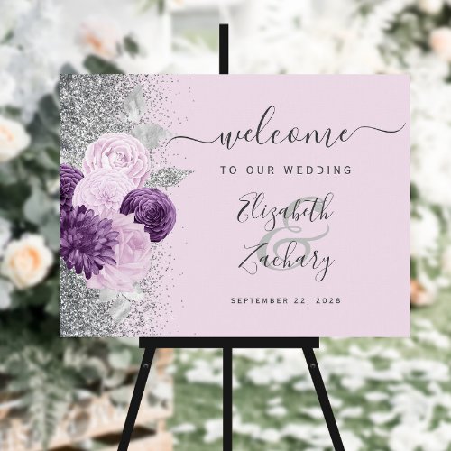 Purple Floral Silver Lilac Wedding Welcome Foam Board