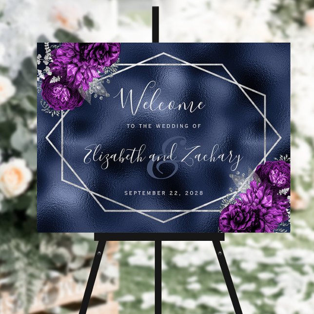 Purple Floral Silver Navy Foil Wedding Welcome Foam Board (Creator Uploaded)