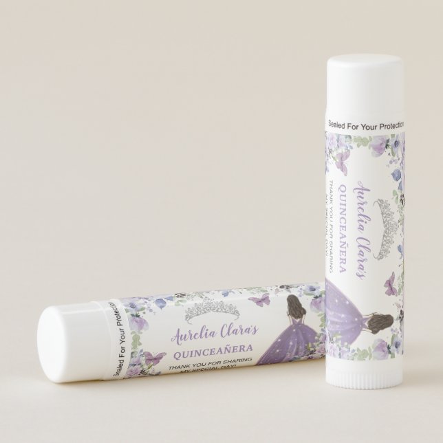 Purple Floral Silver Quinceañera Girl Dress Favor Lip Balm (Front)