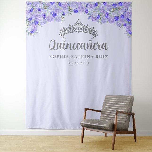 Purple Floral Silver Quinceanera Photo Backdrop (In Situ)