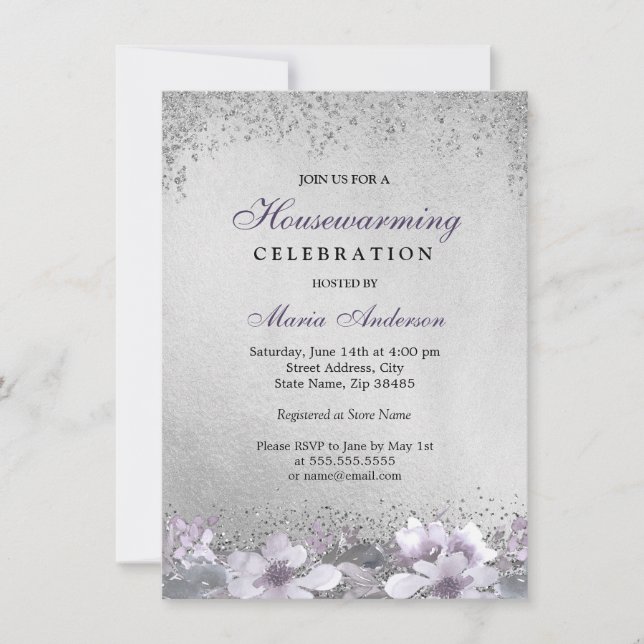 Purple Floral Silver Shimmer Housewarming Party Invitation (Front)