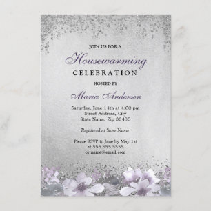 Purple Floral Silver Shimmer Housewarming Party Invitation