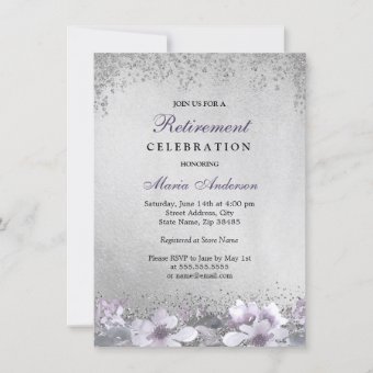 Purple Floral Silver Shimmer Retirement Party Invitation | Zazzle