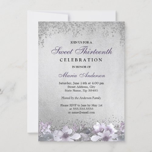 Purple Floral Silver Shimmer Sweet 13 Invite