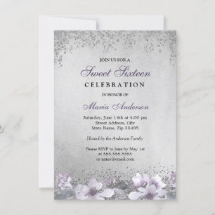 Purple Floral Silver Shimmer Sweet 16 Invite