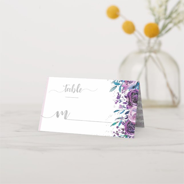 Purple Floral & Silver Stripes Name Table Number Place Card (Front)