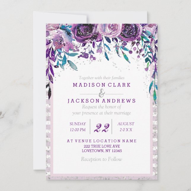 Purple Floral & Silver Wedding Invitations (Front)