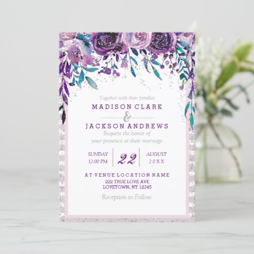 Purple Floral & Silver Wedding Invitations | Zazzle