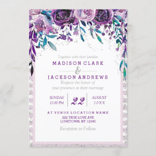 Purple Floral & Silver Wedding Invitations