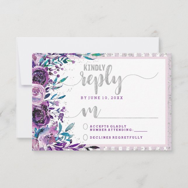 Purple Floral & Silver Wedding Reply RSVP (Front)