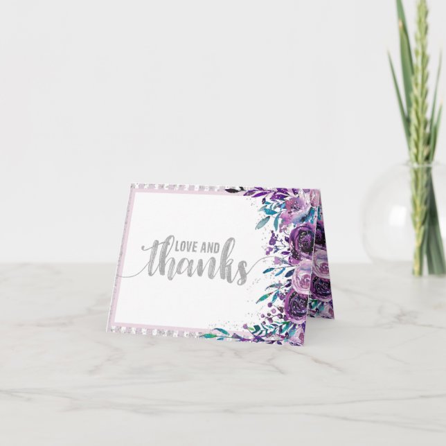 Purple Floral & Silver Wedding Thank You (Front)