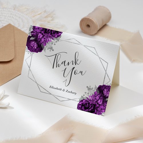 Purple Floral Silver White Geometric Wedding Thank You Card
