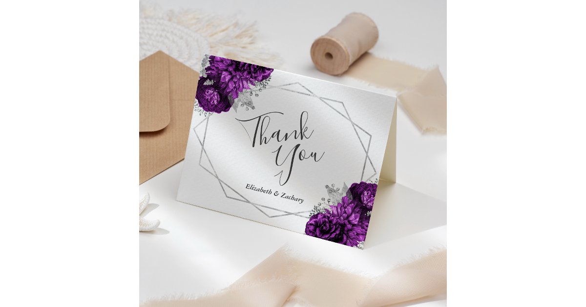 Purple Floral Silver White Geometric Wedding Thank You Card | Zazzle