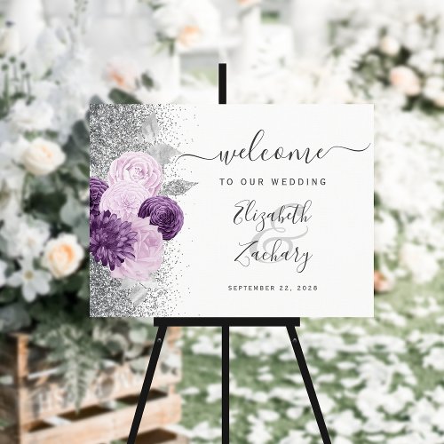 Purple Floral Silver White Wedding Welcome Foam Board