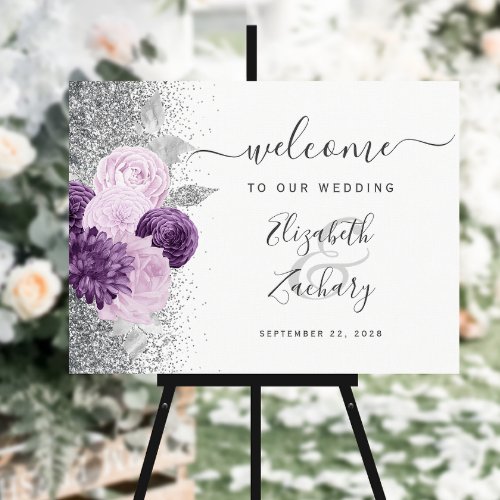 Purple Floral Silver White Wedding Welcome Foam Board