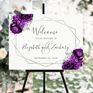 Purple Floral Silver White Wedding Welcome Foam Board