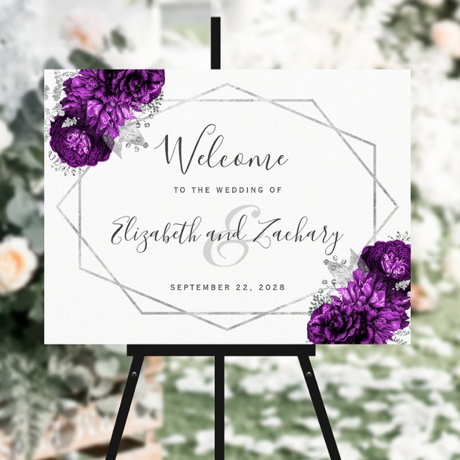 Purple Floral Silver White Wedding Welcome Foam Board (Creator Uploaded)