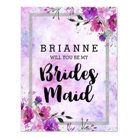 Purple Floral &amp; Silver Will You Be My Bridesmaid Card