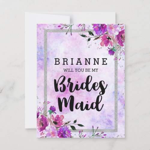 Purple Floral  Silver Will You Be My Bridesmaid Invitation