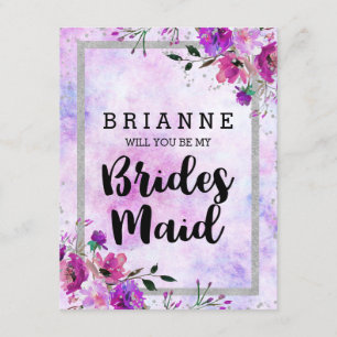 Purple Floral & Silver Will You Be My Bridesmaid Invitation