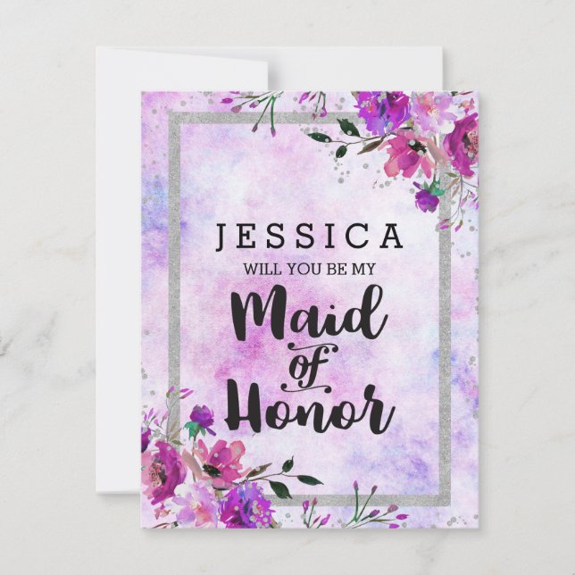 Purple Floral Silver Will You Be My Maid of Honor Invitation (Front)
