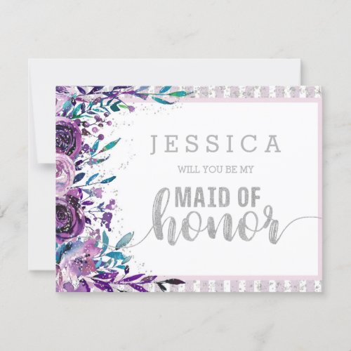 Purple Floral Silver Will You Be My Maid of Honor Invitation