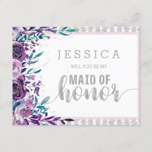 Purple Floral Silver Will You Be My Maid of Honor Invitation