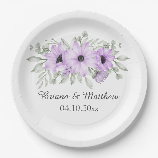 Purple Floral Simple Elegant Paper Plates (Front)